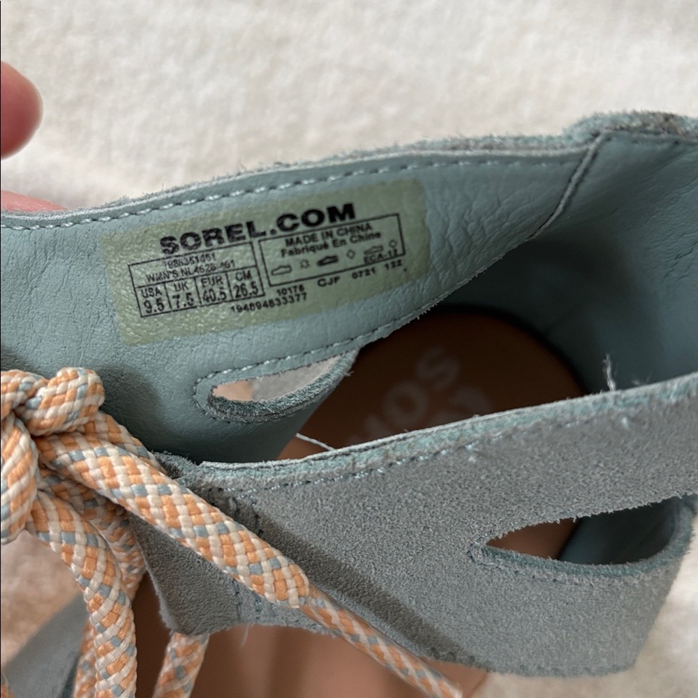 Sorel Women's Sandals in light blue with ankle strap/tie. Cork wedge 2.5” heel. - Picture 6 of 6